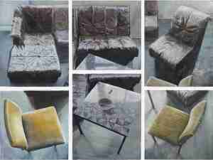 Arjan van Helmond Five chairs one table 2012 inkt en gouache en acrylverf op papier 140 x 190 cm collectie kunstenaar